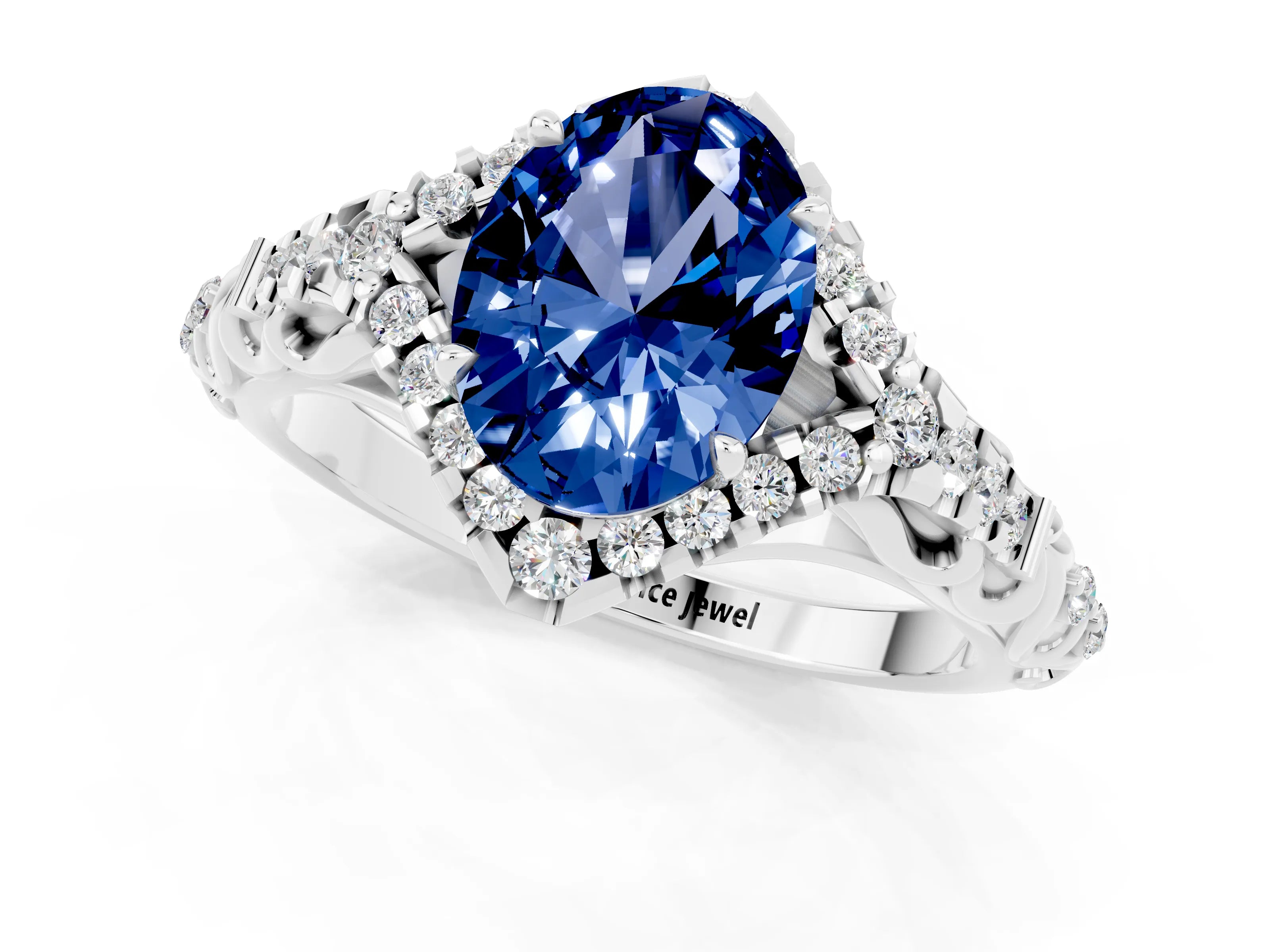 White gold Oval Cut Blue Sapphire Solitaire Ring with Hidden Halo and Pavé Band_13