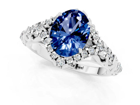 White gold Oval Cut Blue Sapphire Solitaire Ring with Hidden Halo and Pavé Band_13