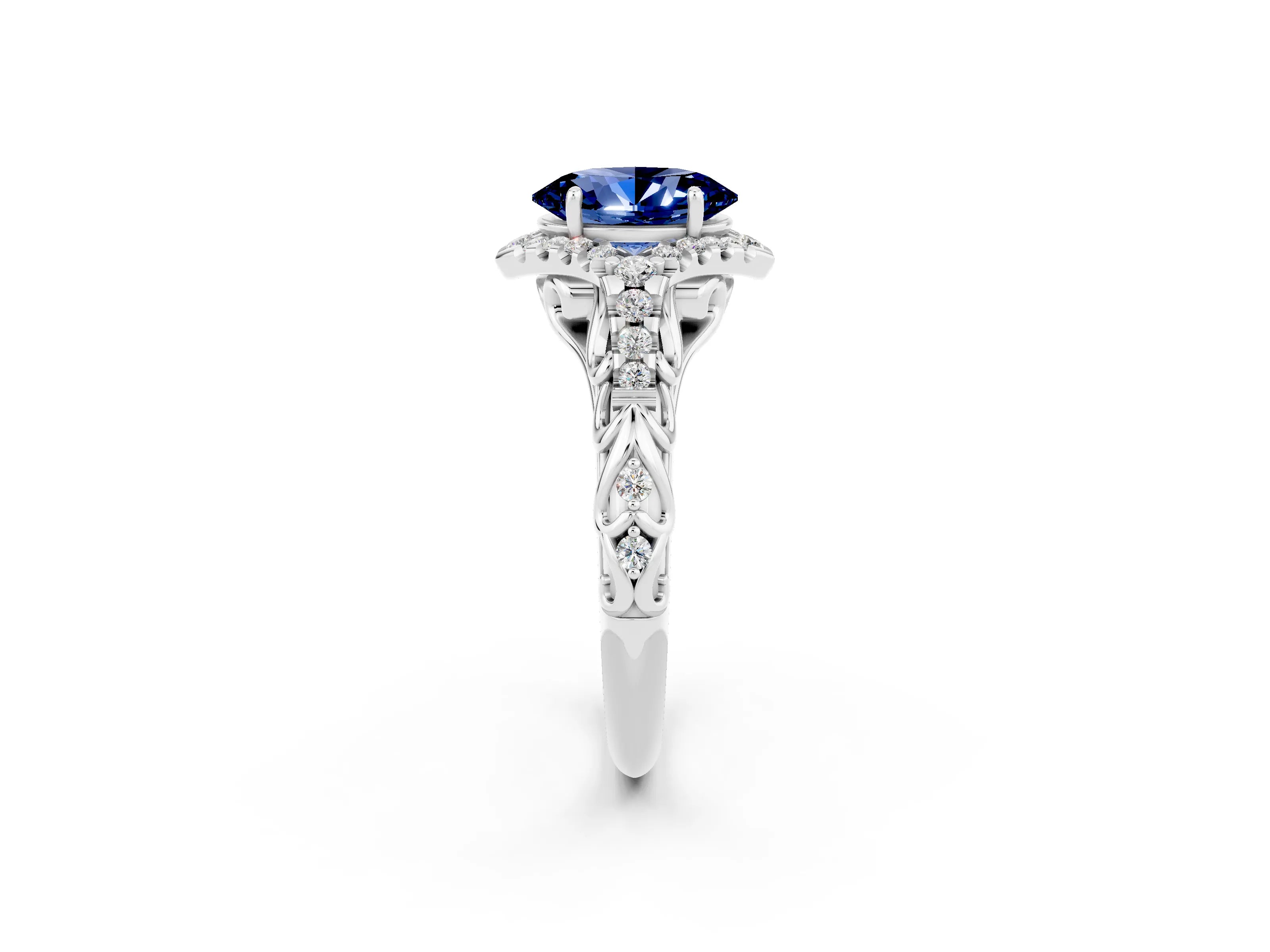 White gold Oval Cut Blue Sapphire Solitaire Ring with Hidden Halo and Pavé Band_14