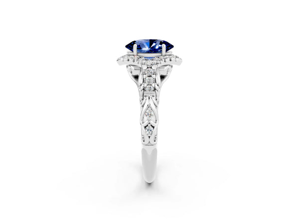 Platinum Oval Cut Blue Sapphire Solitaire Ring with Hidden Halo and Pavé Band