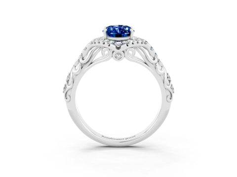 White gold Oval Cut Blue Sapphire Solitaire Ring with Hidden Halo and Pavé Band_15