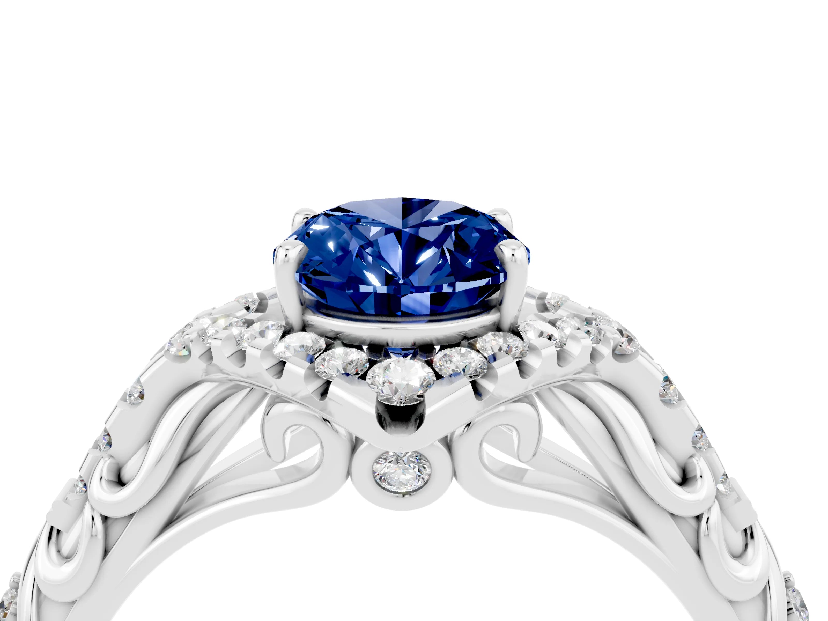 White gold Oval Cut Blue Sapphire Solitaire Ring with Hidden Halo and Pavé Band_16