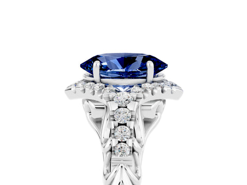 White gold Oval Cut Blue Sapphire Solitaire Ring with Hidden Halo and Pavé Band_17