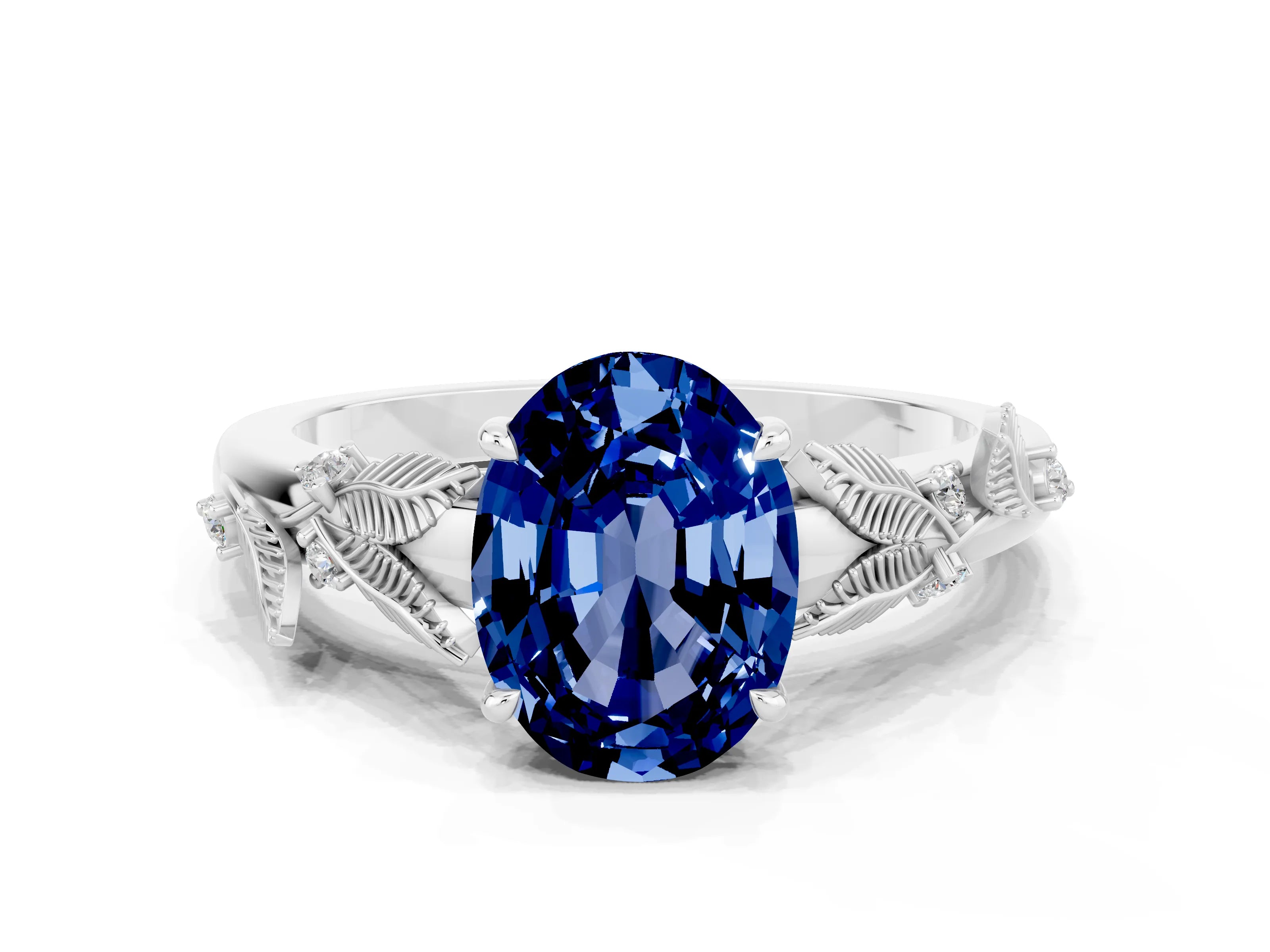 White gold Oval Cut Blue Sapphire Solitaire Ring with Leaf Motif Band and Four-Prong Setting