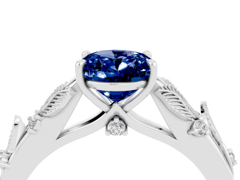 White gold Oval Cut Blue Sapphire Solitaire Ring with Leaf Motif Band and Four-Prong Setting_16