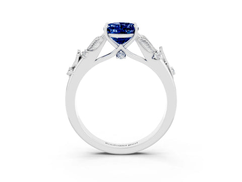 White gold Oval Cut Blue Sapphire Solitaire Ring with Leaf Motif Band and Four-Prong Setting_3