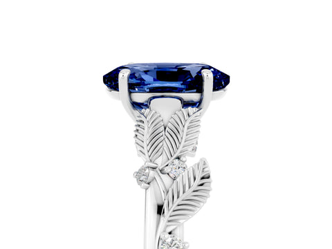 White gold Oval Cut Blue Sapphire Solitaire Ring with Leaf Motif Band and Four-Prong Setting_5