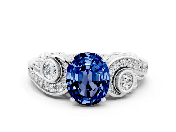 Silver Oval Cut Blue Sapphire Solitaire Ring with Milgrain Pavé Band and Four-Prong Setting