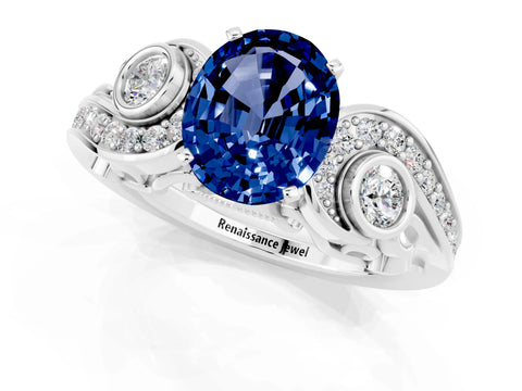 White gold Oval Cut Blue Sapphire Solitaire Ring with Milgrain Pavé Band and Four-Prong Setting_13