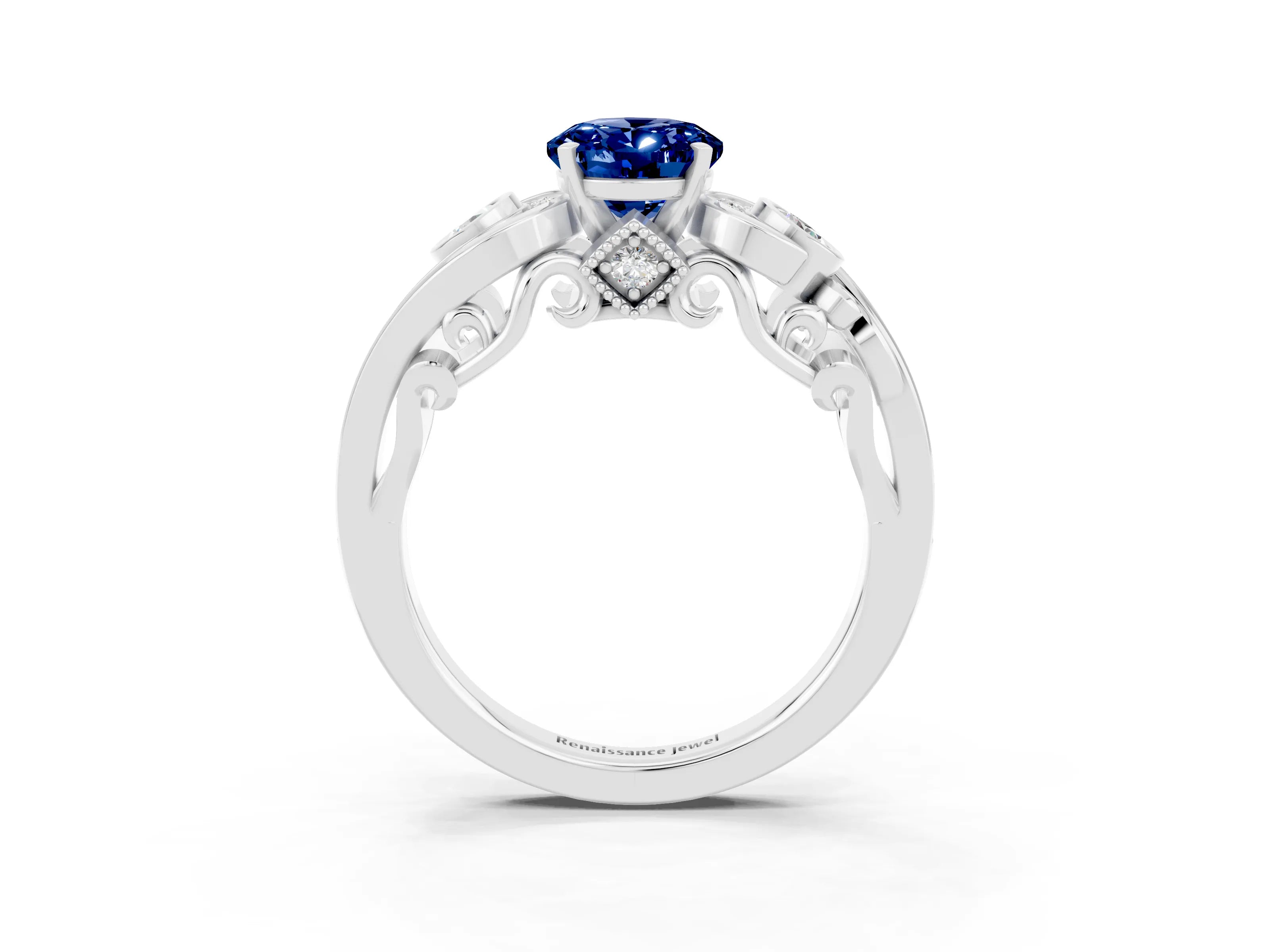 White gold Oval Cut Blue Sapphire Solitaire Ring with Milgrain Pavé Band and Four-Prong Setting_15