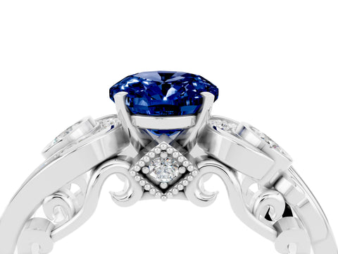 White gold Oval Cut Blue Sapphire Solitaire Ring with Milgrain Pavé Band and Four-Prong Setting_16