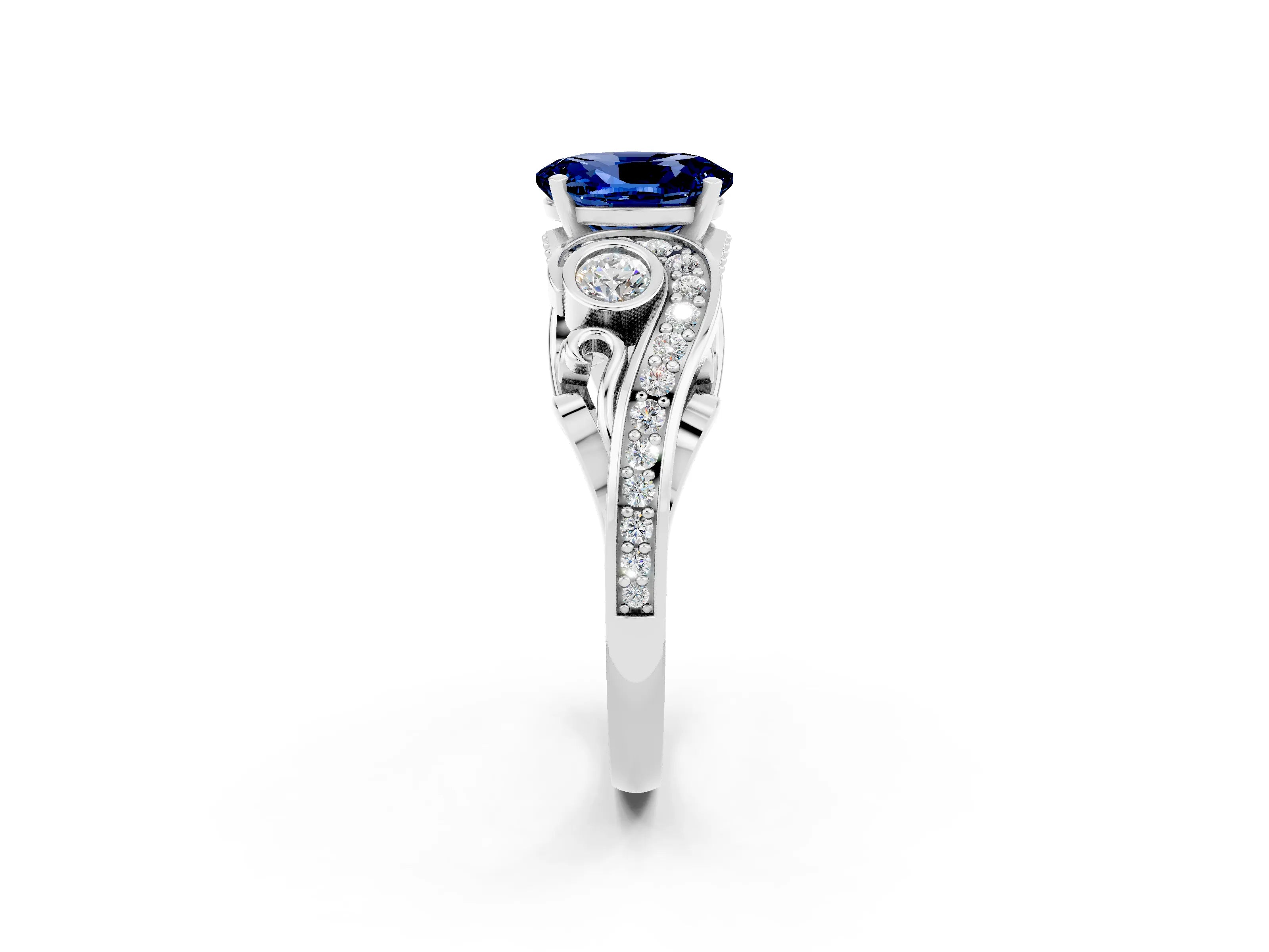 White gold Oval Cut Blue Sapphire Solitaire Ring with Milgrain Pavé Band and Four-Prong Setting_50