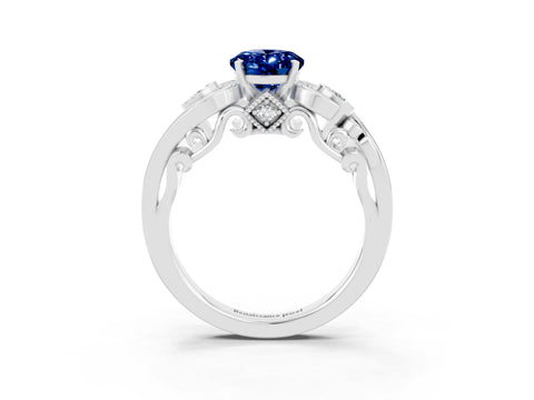 White gold Oval Cut Blue Sapphire Solitaire Ring with Milgrain Pavé Band and Four-Prong Setting_51
