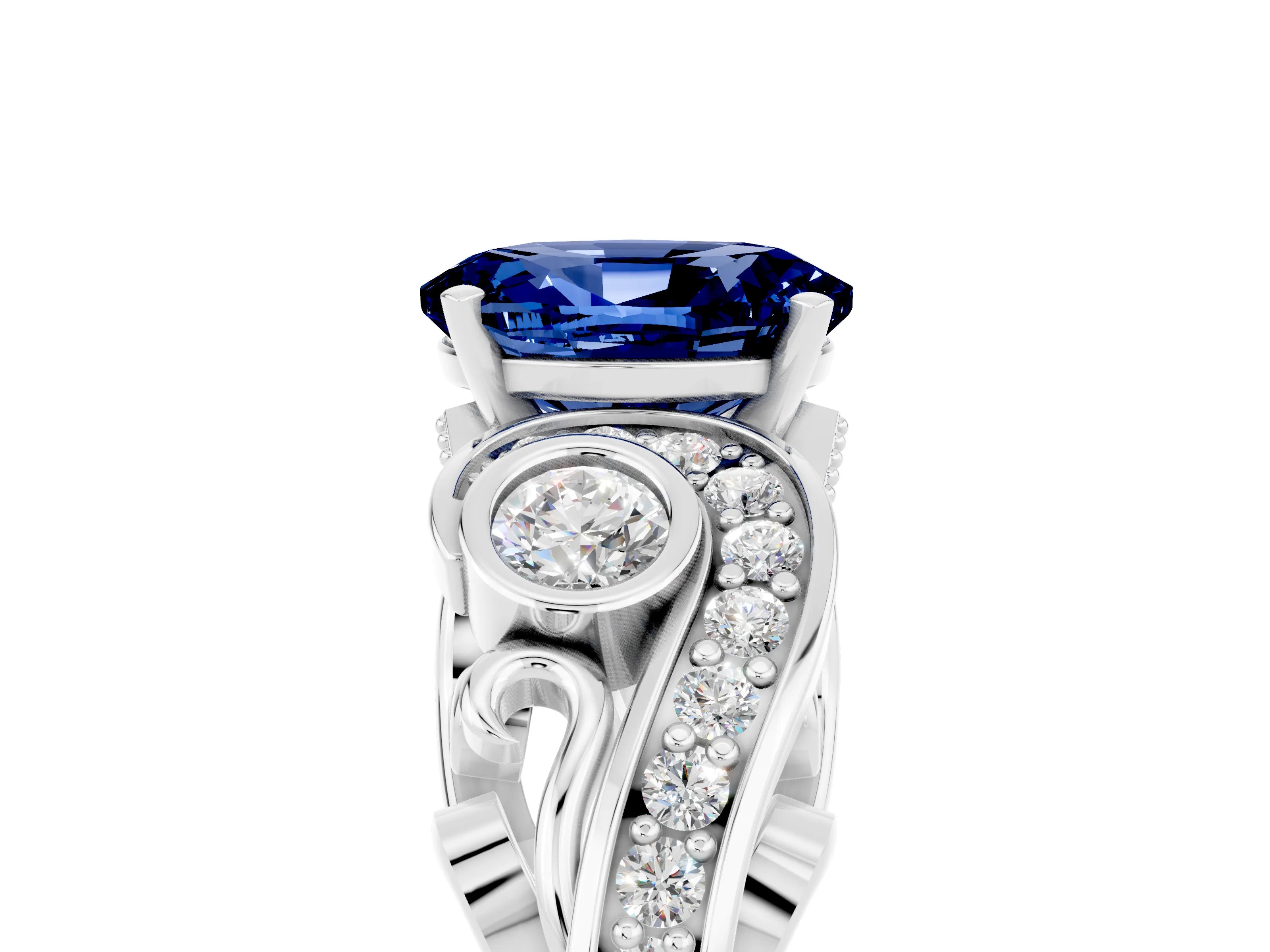White gold Oval Cut Blue Sapphire Solitaire Ring with Milgrain Pavé Band and Four-Prong Setting_53