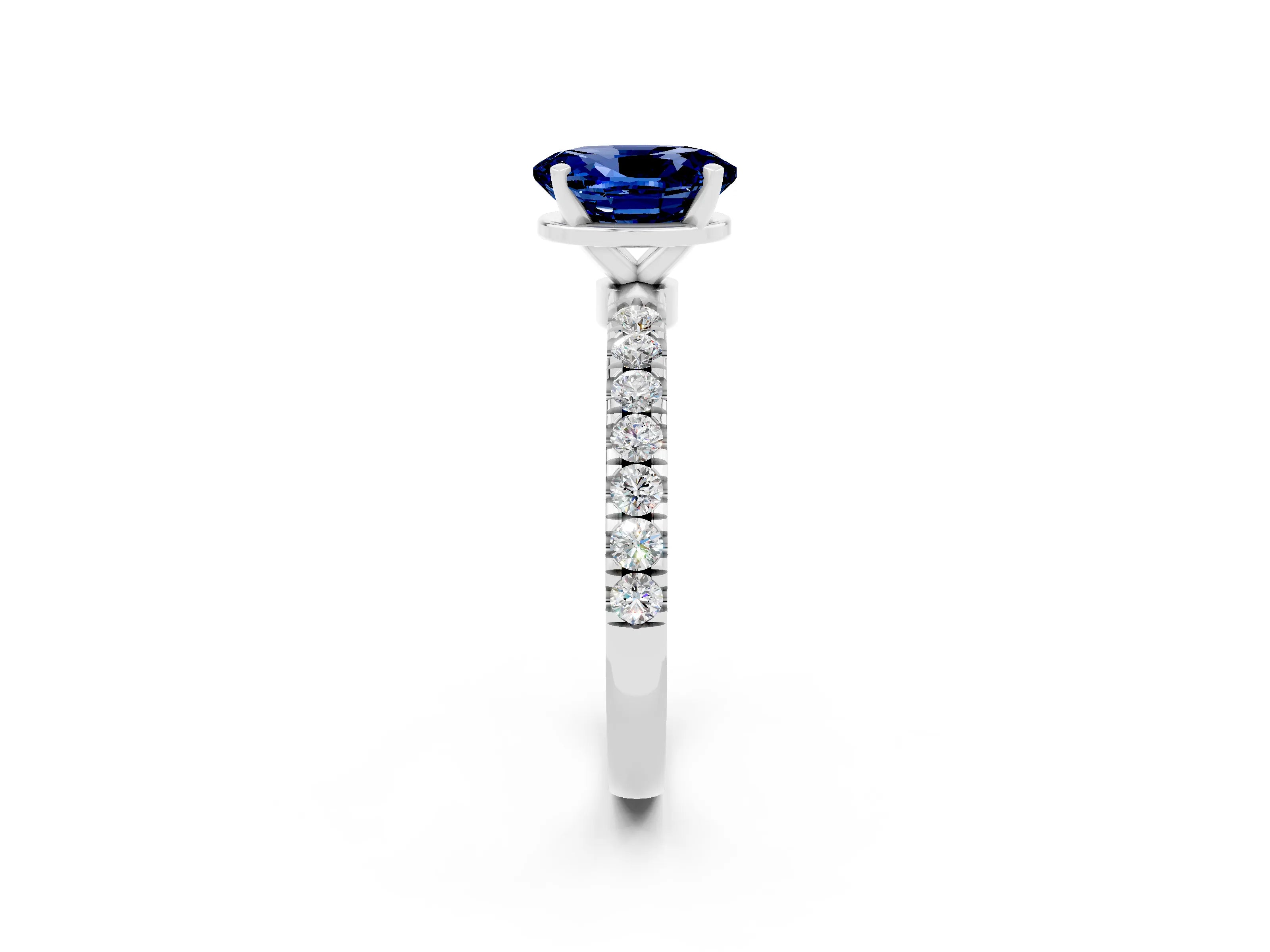 White gold Oval Cut Blue Sapphire Solitaire Ring with Pavé Accents and Four-Prong Setting_2