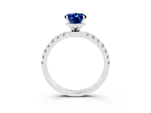 White gold Oval Cut Blue Sapphire Solitaire Ring with Pavé Accents and Four-Prong Setting_3