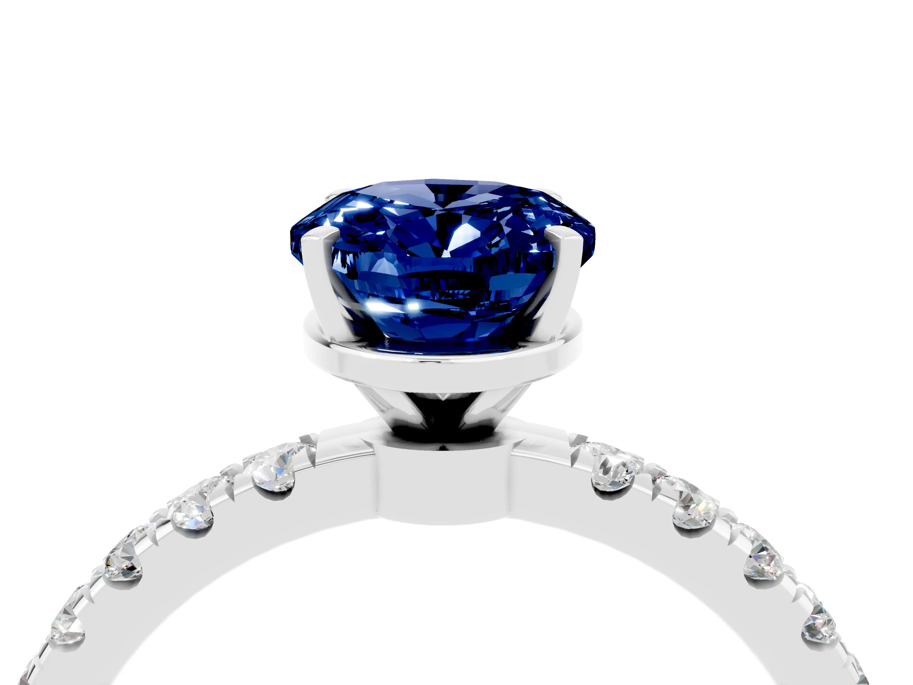 White gold Oval Cut Blue Sapphire Solitaire Ring with Pavé Accents and Four-Prong Setting_4