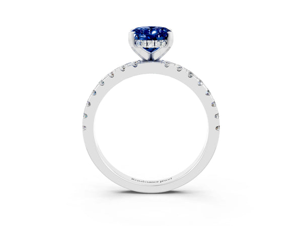 White gold Oval Cut Blue Sapphire Solitaire Ring with Round  Pavé Band and Four-Prong Setting