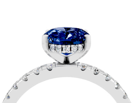White gold Oval Cut Blue Sapphire Solitaire Ring with Pavé Band and Four-Prong Setting_28