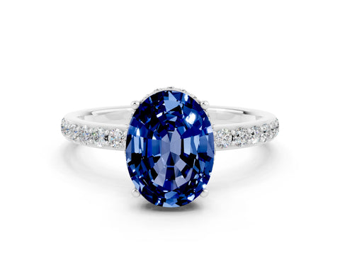 White gold Oval Cut Blue Sapphire Solitaire Ring with Pavé Band and Hidden Halo_12