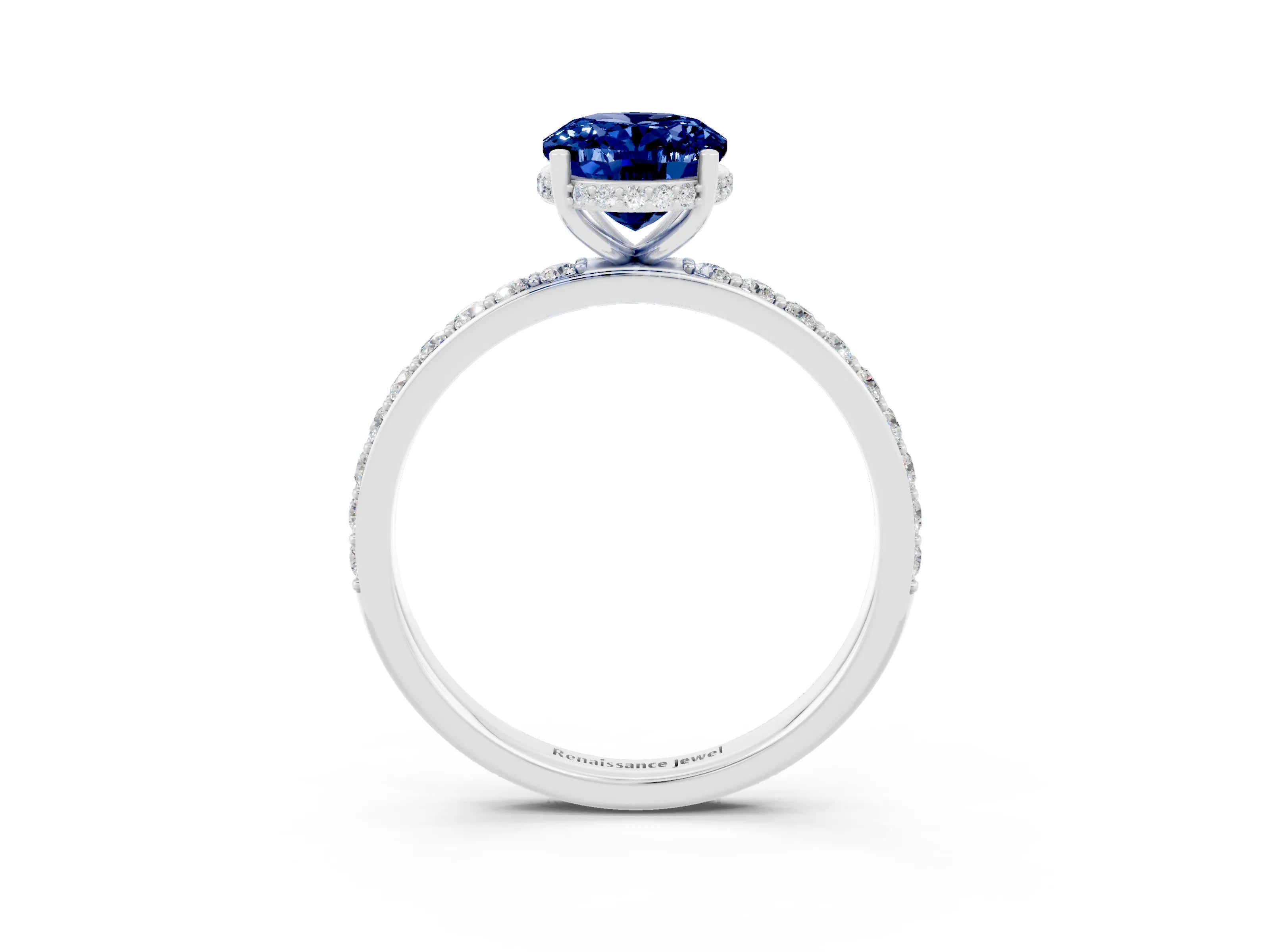 White gold Oval Cut Blue Sapphire Solitaire Ring with Pavé Band and Hidden Halo_15