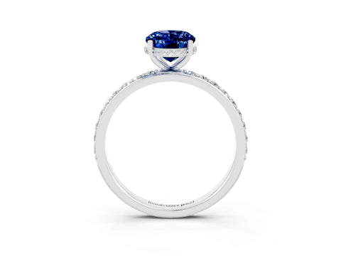 White gold Oval Cut Blue Sapphire Solitaire Ring with Pavé Band and Hidden Halo_3