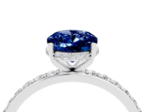 White gold Oval Cut Blue Sapphire Solitaire Ring with Pavé Band and Hidden Halo_4