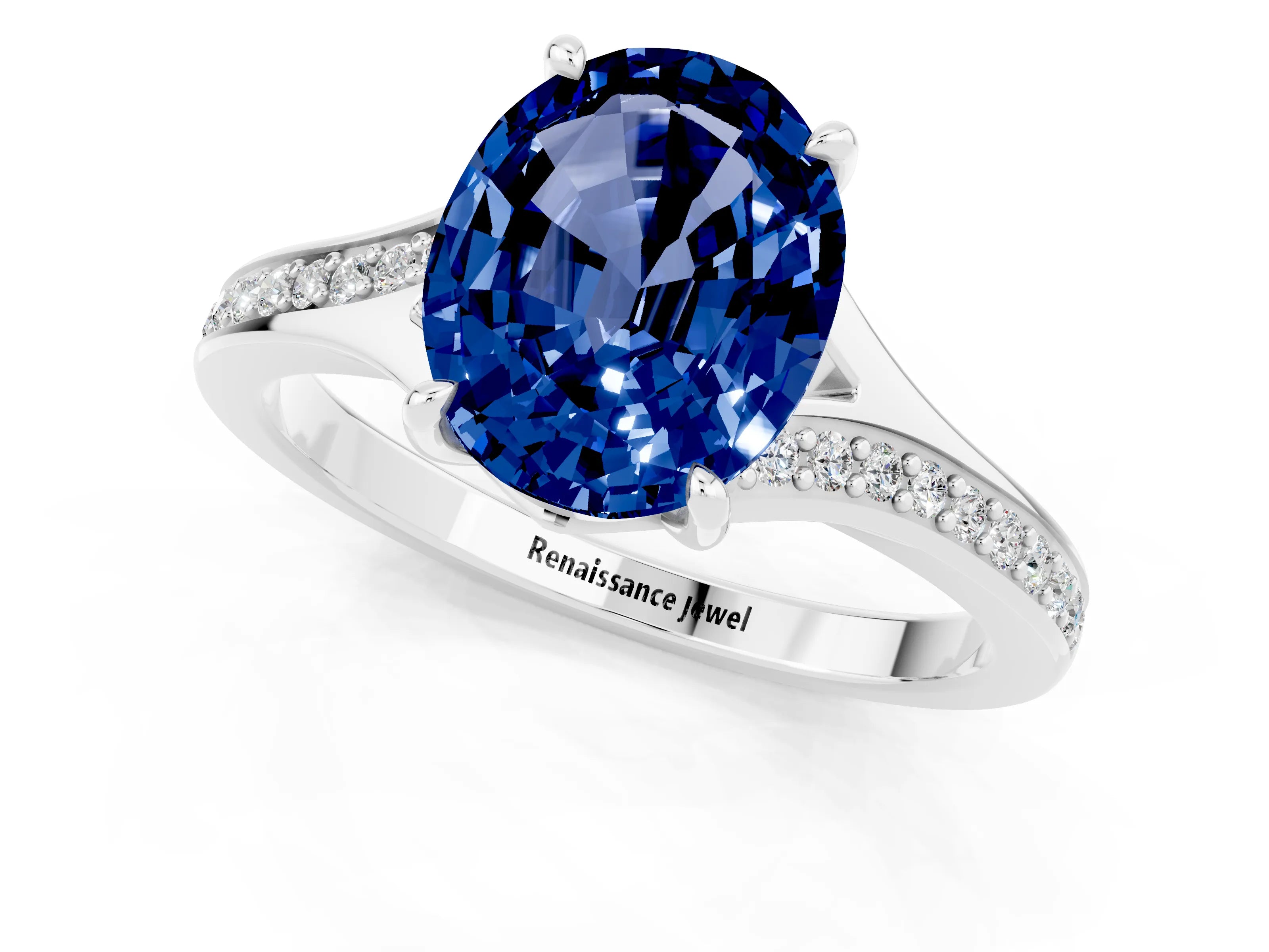 White gold Oval Cut Blue Sapphire Solitaire Ring with Pavé Band and Prong Setting_13
