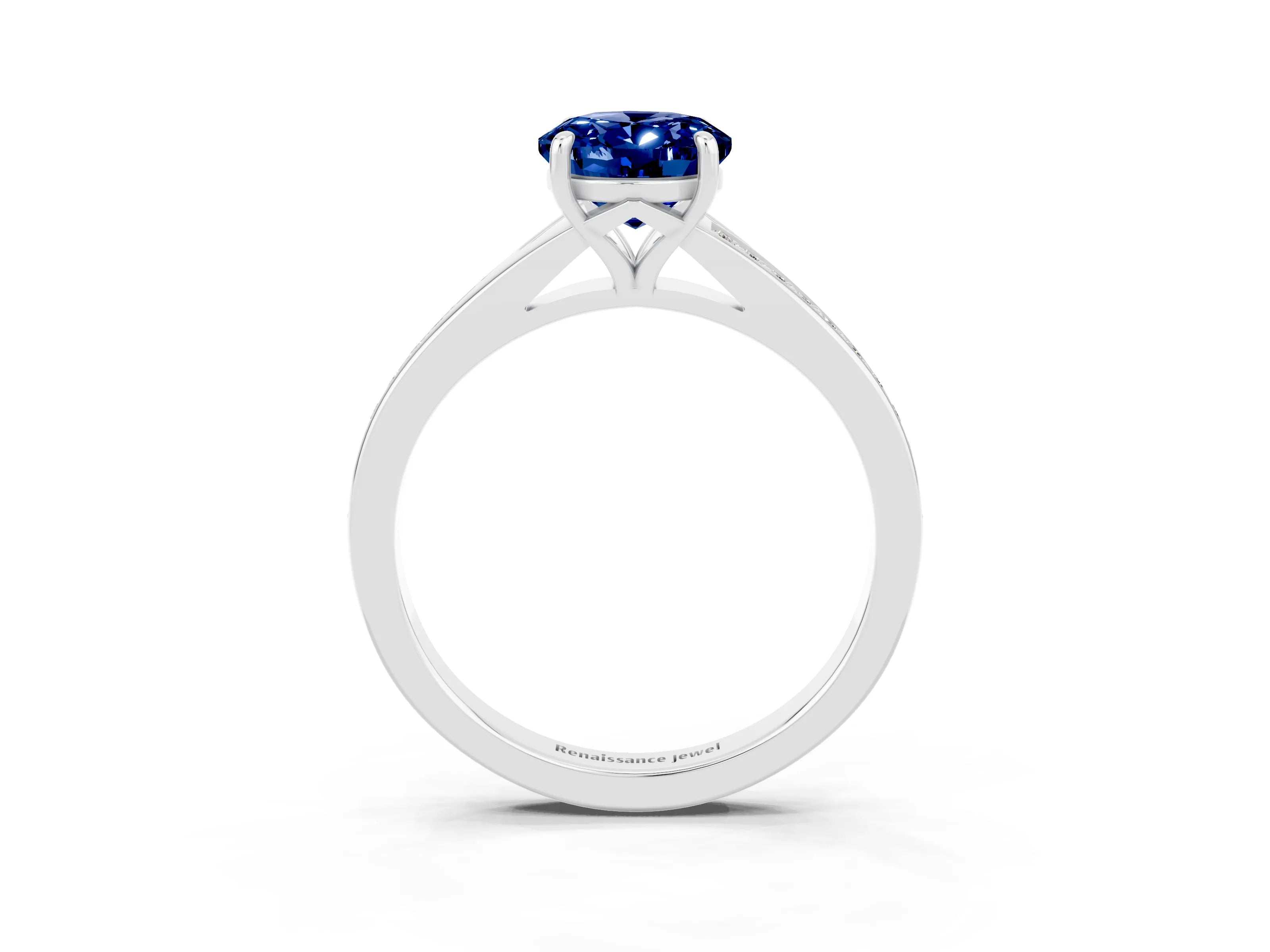 White gold Oval Cut Blue Sapphire Solitaire Ring with Pavé Band and Prong Setting_15