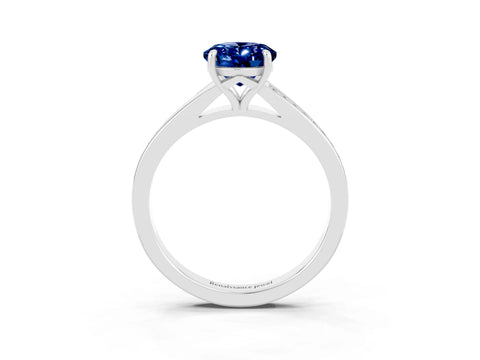 White gold Oval Cut Blue Sapphire Solitaire Ring with Pavé Band and Prong Setting_15