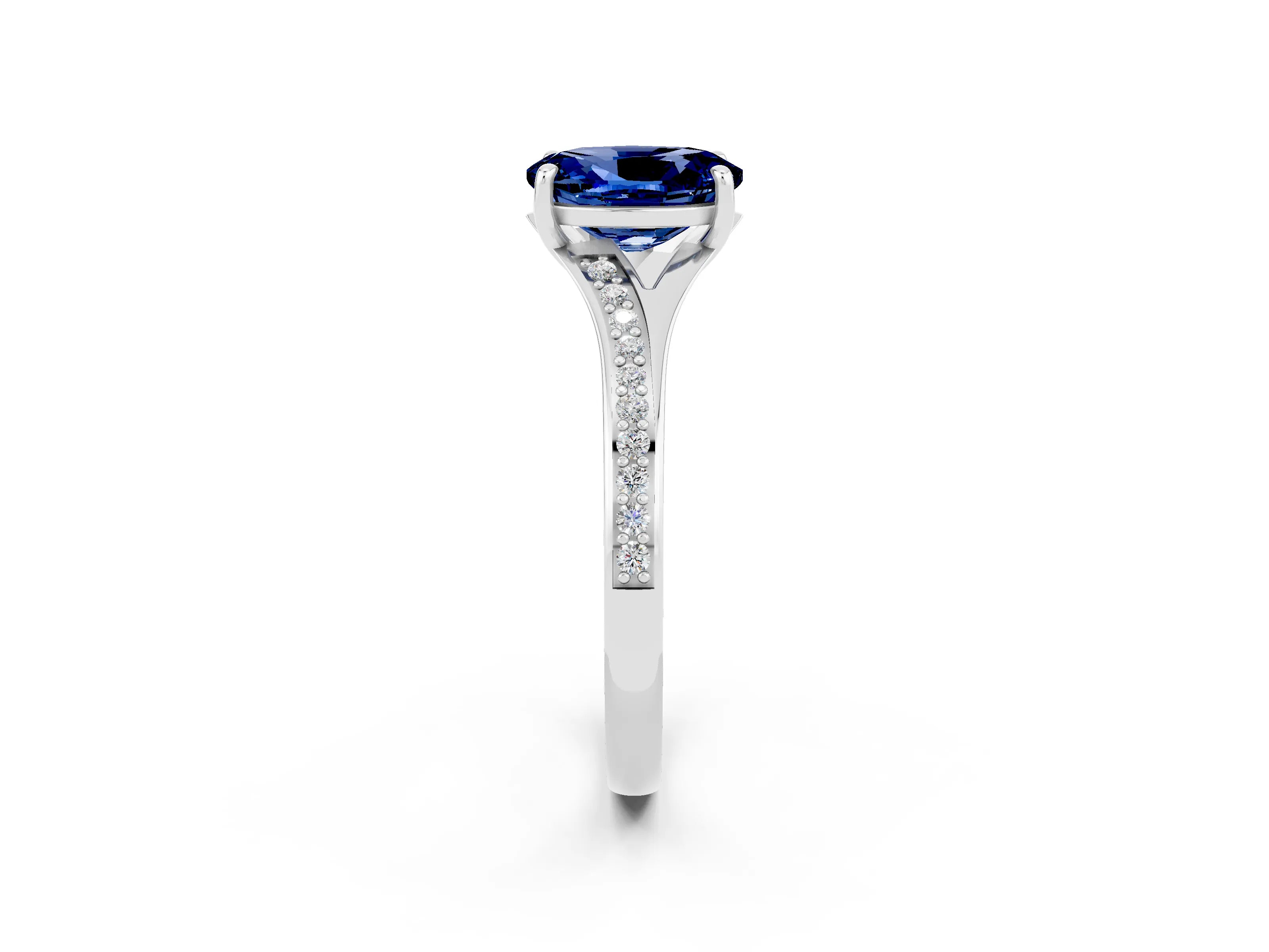 White gold Oval Cut Blue Sapphire Solitaire Ring with Pavé Band and Prong Setting_2