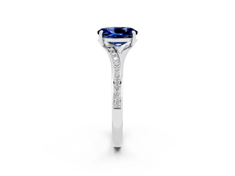 White gold Oval Cut Blue Sapphire Solitaire Ring with Pavé Band and Prong Setting_2