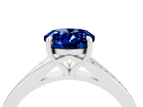 White gold Oval Cut Blue Sapphire Solitaire Ring with Pavé Band and Prong Setting_4