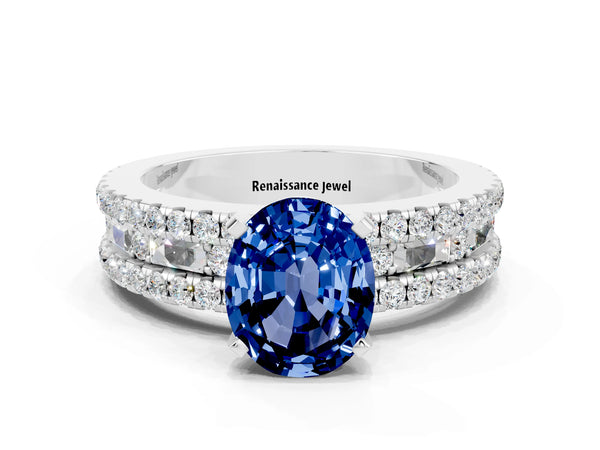 Platinum Oval Cut Blue Sapphire Solitaire Ring with Pavé and Channel Set Band