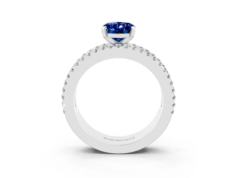 White gold Oval Cut Blue Sapphire Solitaire Ring with Pavé and Channel Set Band_3