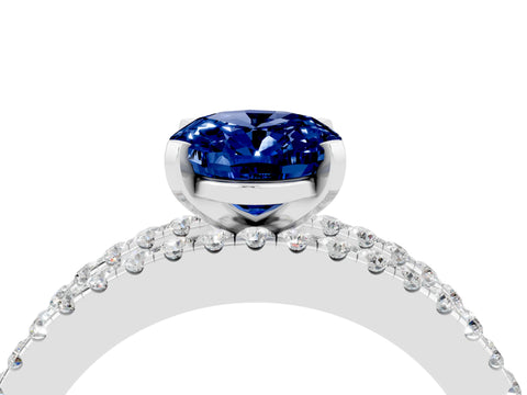 White gold Oval Cut Blue Sapphire Solitaire Ring with Pavé and Channel Set Band_4