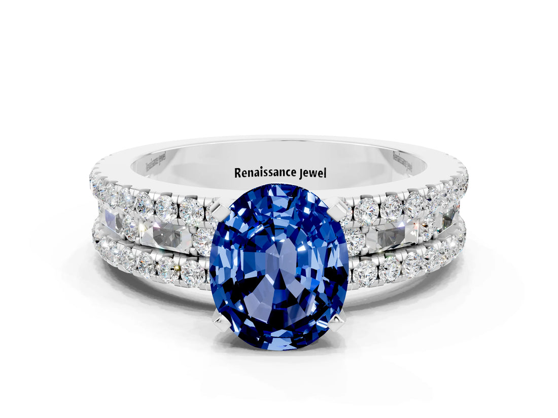 White gold Oval Cut Blue Sapphire Solitaire Ring with Pavé and Channel Set Band