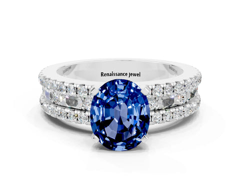 White gold Oval Cut Blue Sapphire Solitaire Ring with Pavé and Channel Set Band
