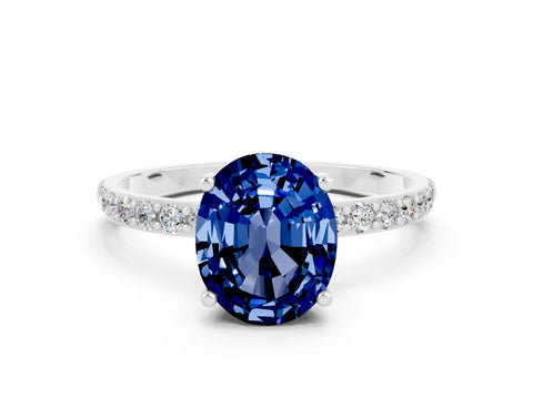 White gold Oval Cut Blue Sapphire Solitaire Ring with Pave Band and Four Prong Setting_24