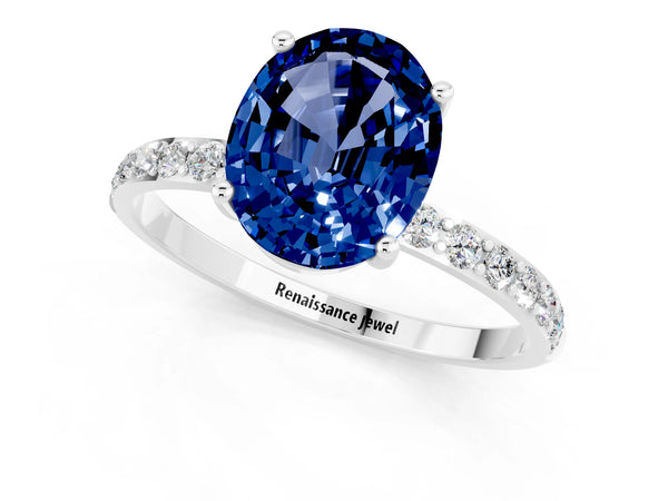 White gold Oval Cut Blue Sapphire Solitaire Ring with Round  Pavé Band and Prong Setting