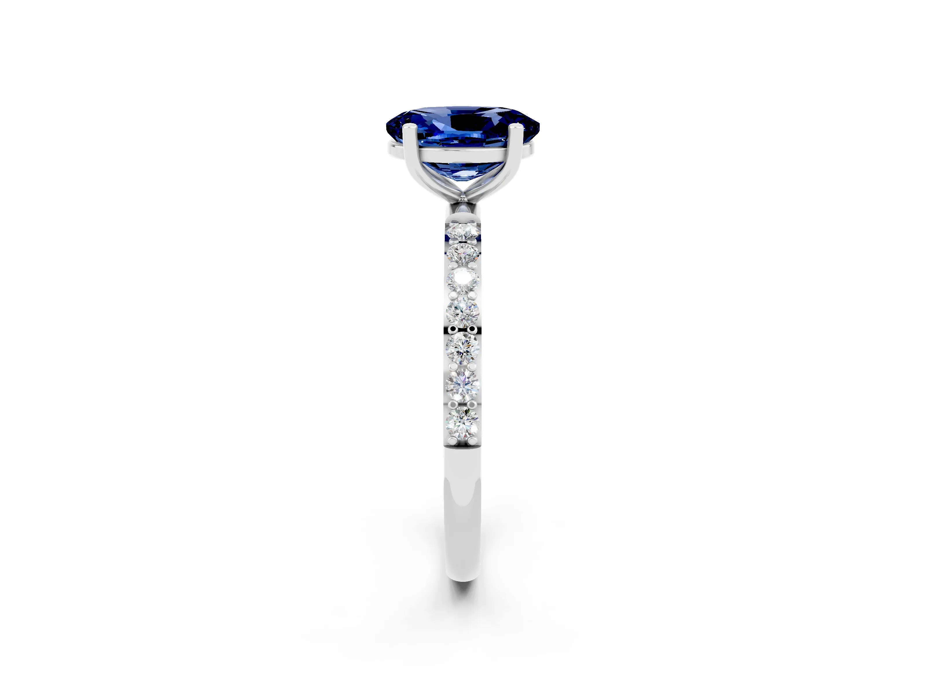 White gold Oval Cut Blue Sapphire Solitaire Ring with Pave Band and Four Prong Setting_26