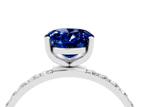 White gold Oval Cut Blue Sapphire Solitaire Ring with Pave Band and Four Prong Setting_28