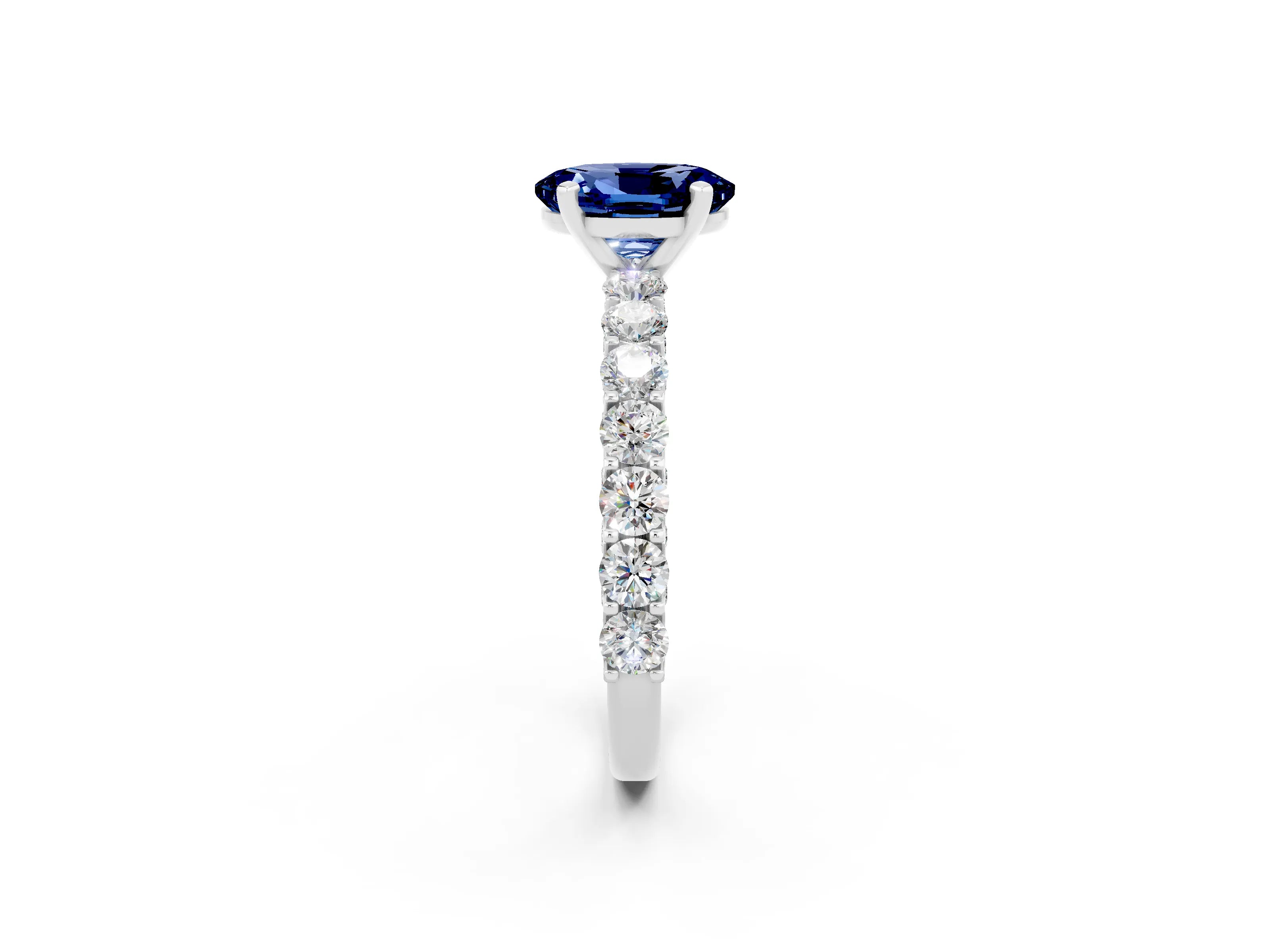 White gold Oval Cut Blue Sapphire Solitaire Ring with Shared Prong Pavé Band and Four-Prong Setting_2