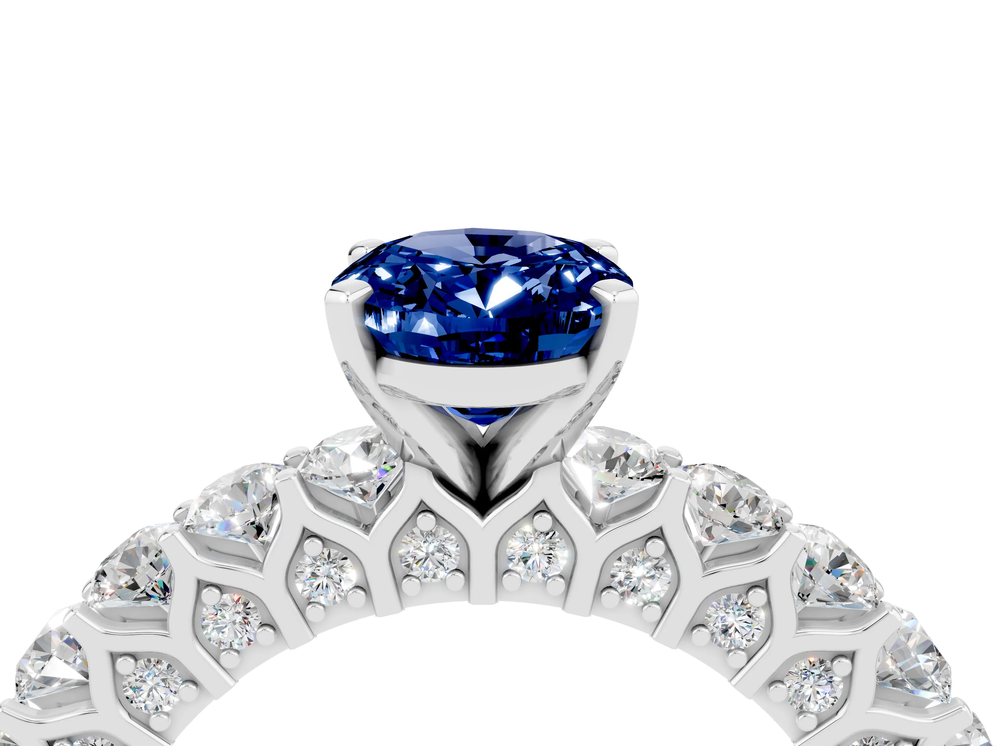 White gold Oval Cut Blue Sapphire Solitaire Ring with Shared Prong Pavé Band and Four-Prong Setting_4