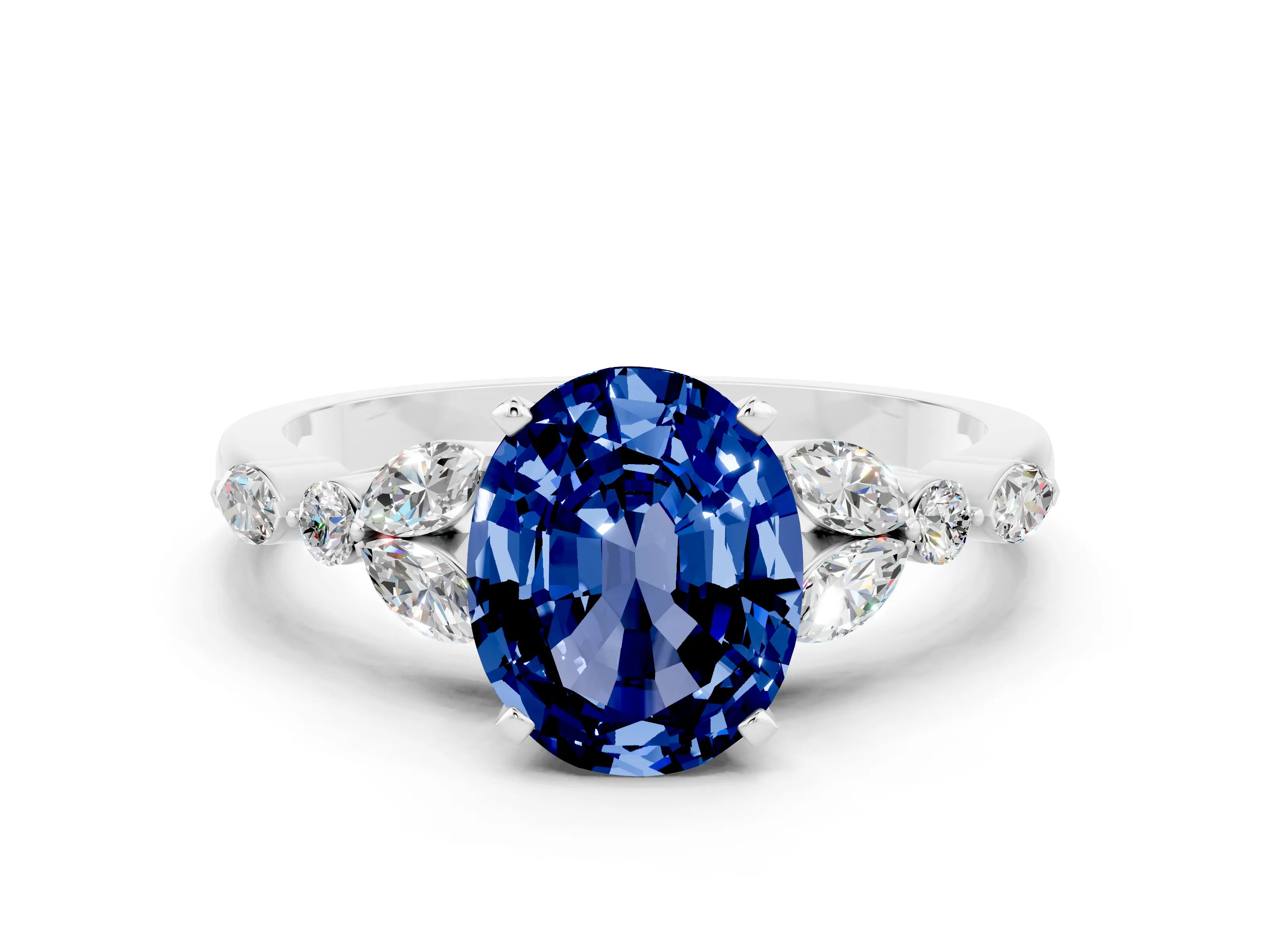 White gold Oval Cut Blue Sapphire Solitaire Ring with Side Stones and Four-Prong Setting_24