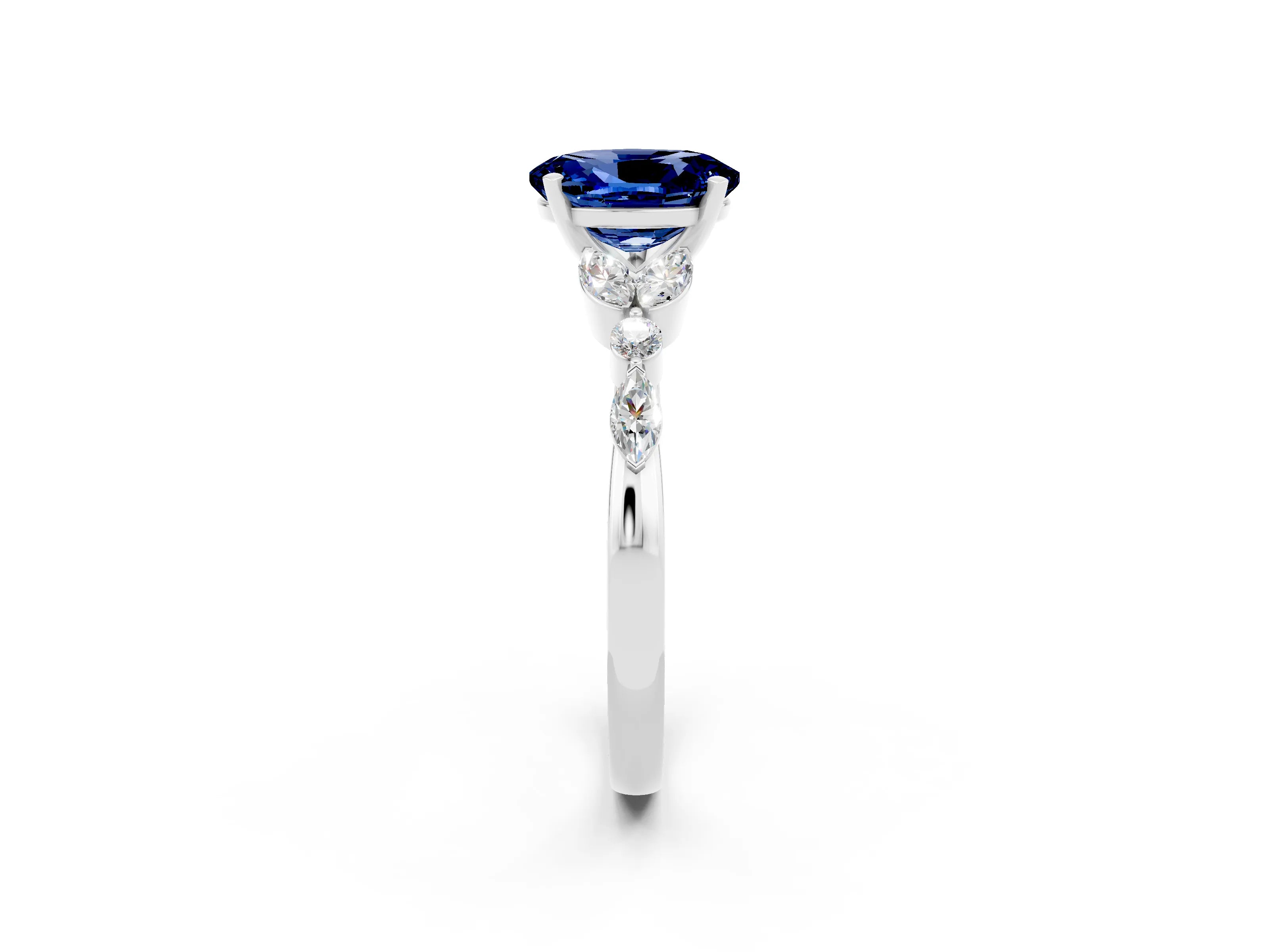 White gold Oval Cut Blue Sapphire Solitaire Ring with Side Stones and Four-Prong Setting_26