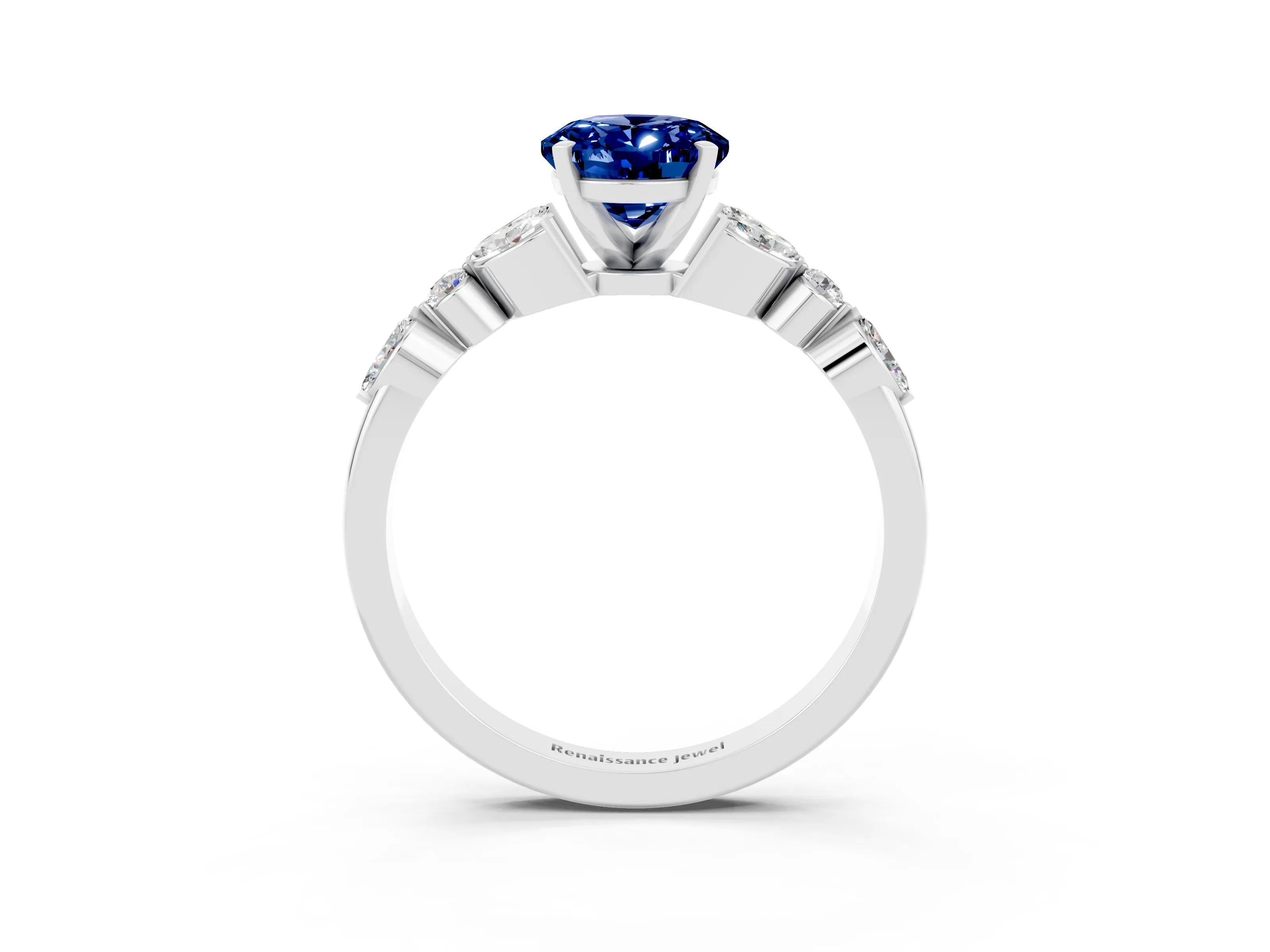 White gold Oval Cut Blue Sapphire Solitaire Ring with Side Stones and Four-Prong Setting_27