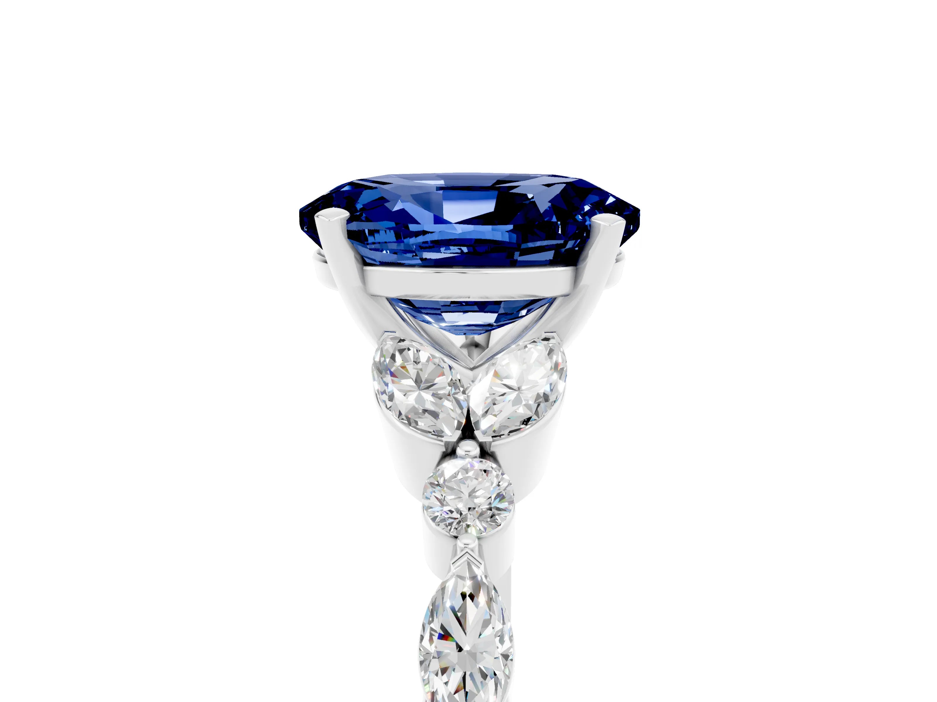 White gold Oval Cut Blue Sapphire Solitaire Ring with Side Stones and Four-Prong Setting_29