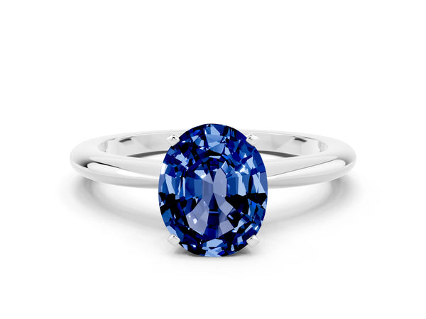 White gold Oval Cut Blue Sapphire Solitaire Ring with Six-Prong Setting and Classic Band