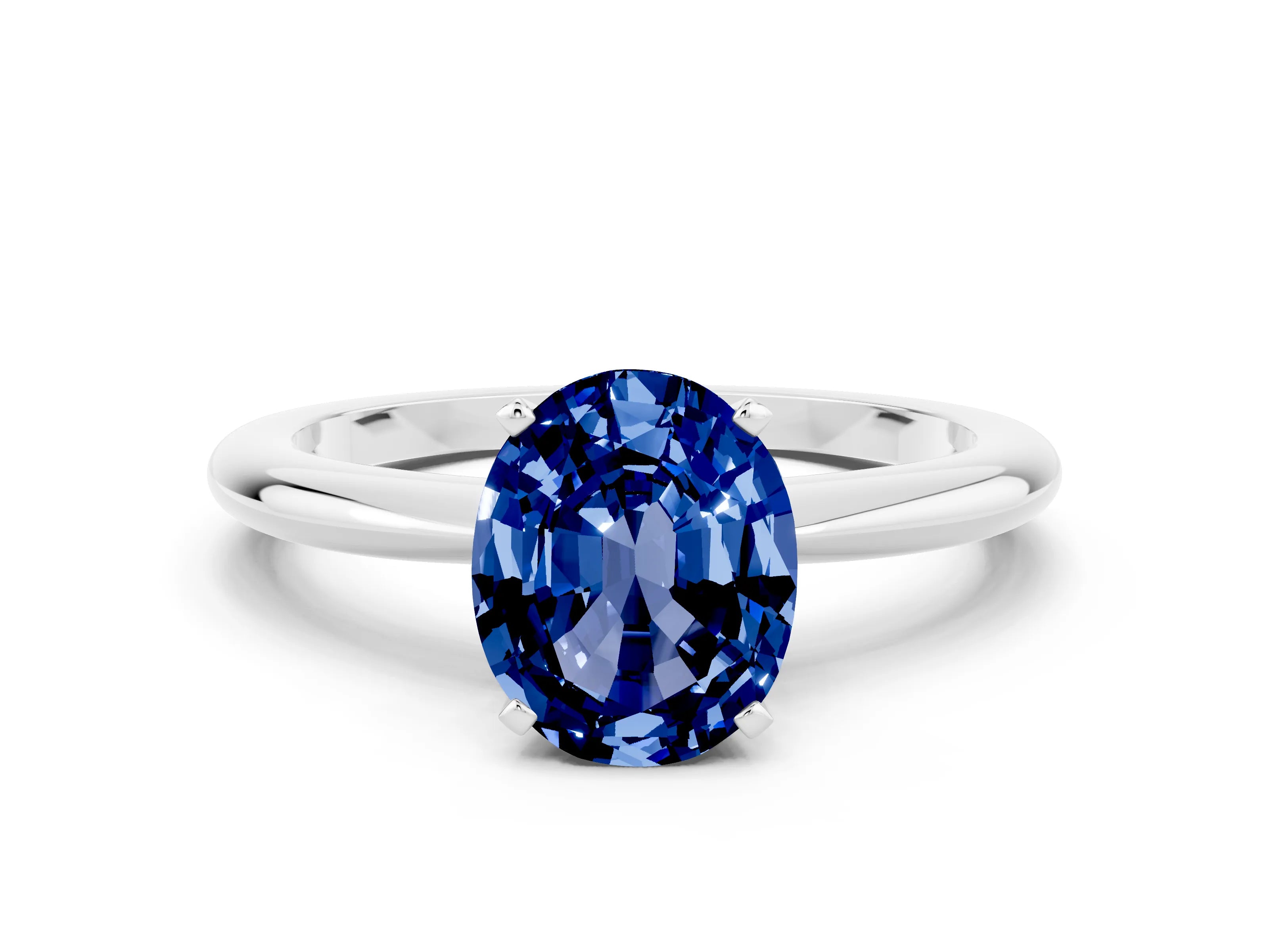 White gold Oval Cut Blue Sapphire Solitaire Ring with Six-Prong Setting and Classic Band